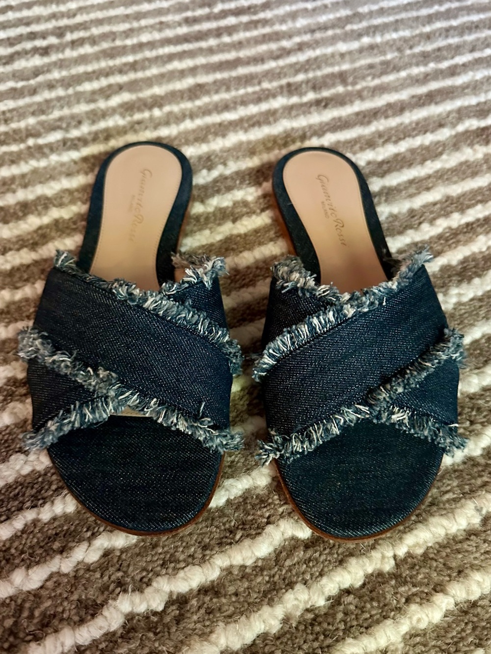 Gianvito Rossi Denim Frayed Cross-Band Slide Sandals